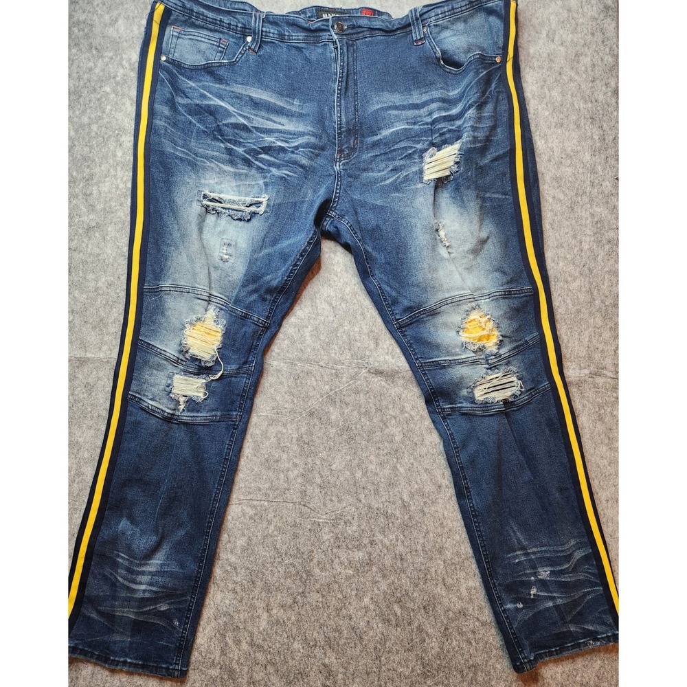 Makobi Jeans Size 50X34 Dark Wash Denim Distressed‎ Ripped Stretch Biker